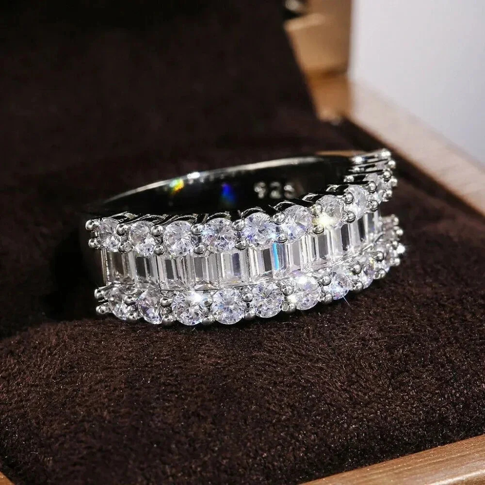 925 Sterling Silver Diamond Round & Baguette Cut Half Eternity Ring Band
